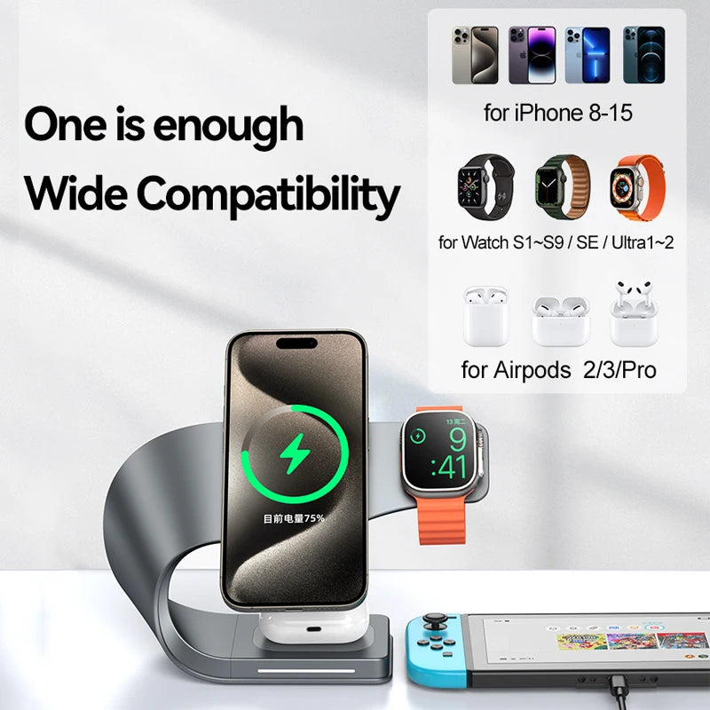 4-in-1 Metal Magnetic Wireless Charger 15W for iPhone, Watch & AirPods