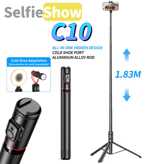 Selfieshow 1.83m Bluetooth Selfie Stick Tripod with Remote – Hidden Design, Stable & Portable