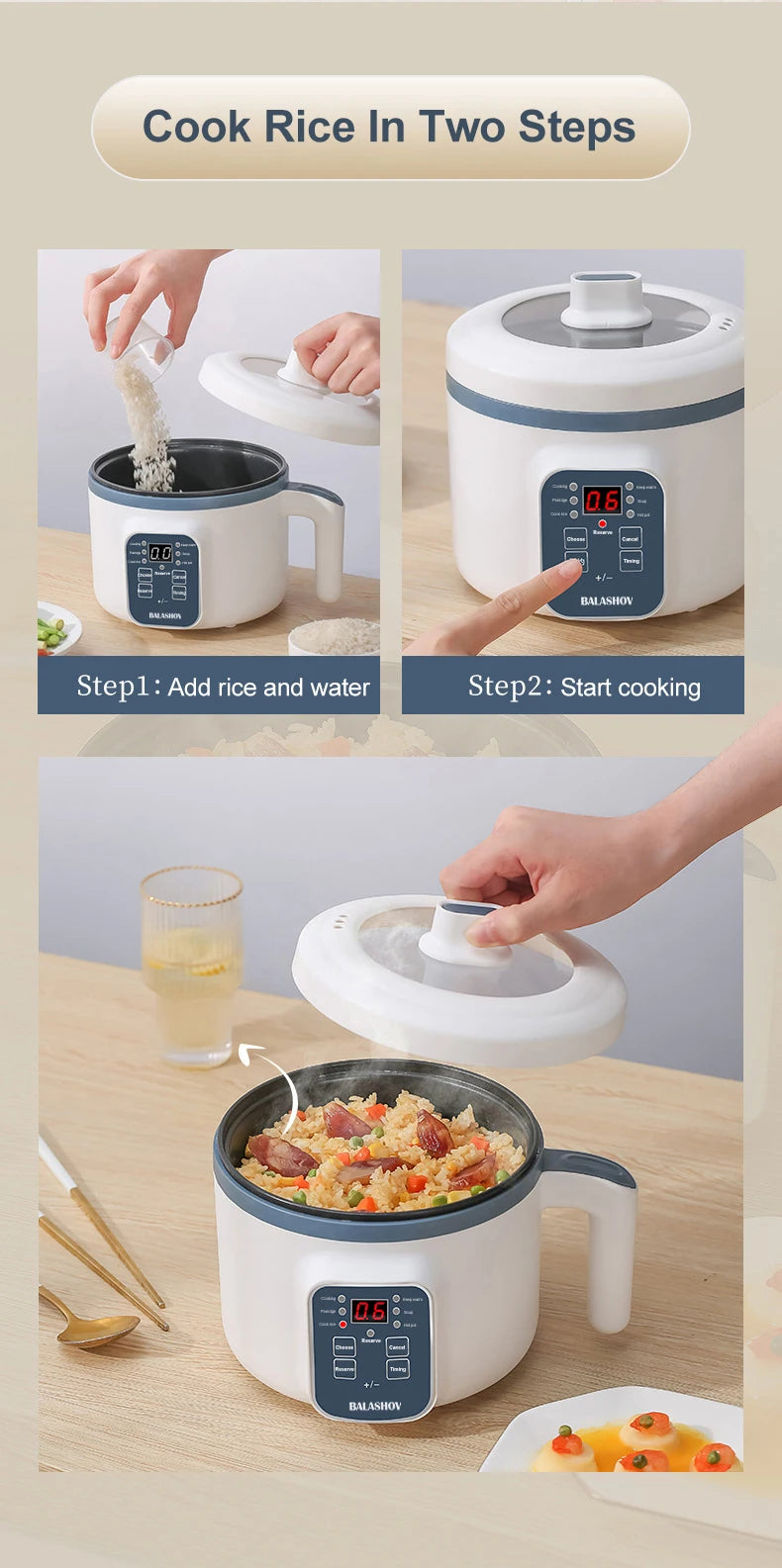 BALASHOV Compact Electric Rice Cooker 1.7L – Non-Stick Inner Pot, Steaming Basket Included