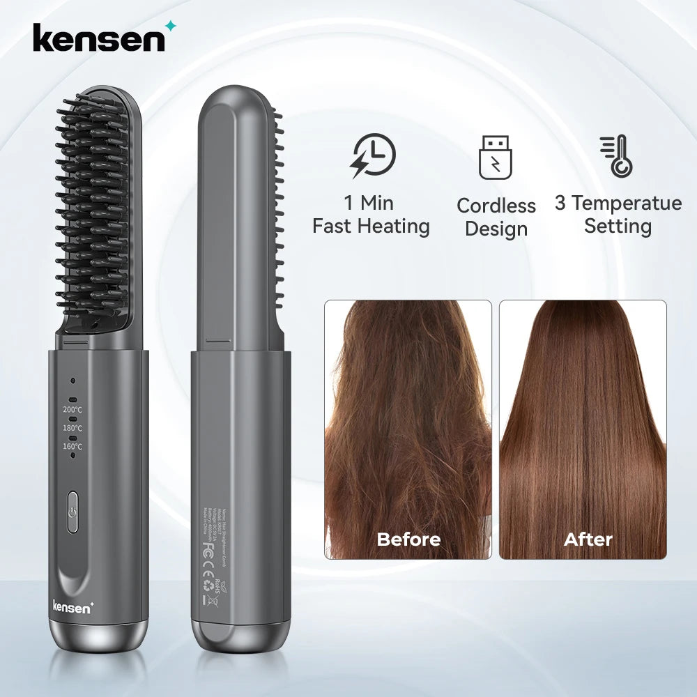 Kensen Cordless Hair Straightener Brush – Negative Ion USB Travel Styling Comb