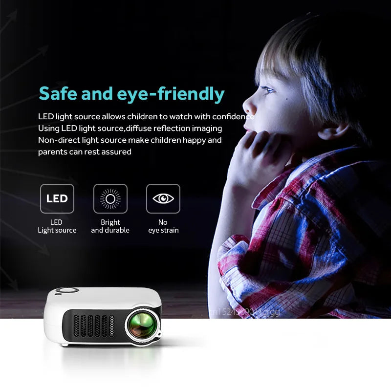 A2000 Compact Mini Projector – 1000 Lumens LED, HDMI Input, Home Entertainment