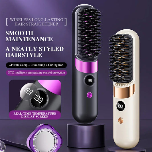 Wireless Hair Straightening & Curling Comb – Rechargeable Ceramic Hot Brush 200°C