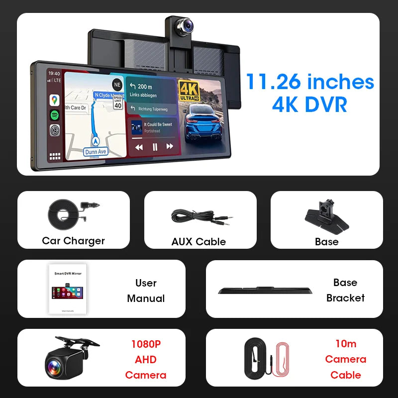 Jansite 10.26"/11.26" Wireless Apple CarPlay & Android Auto Screen with 4K Dash Cam Support