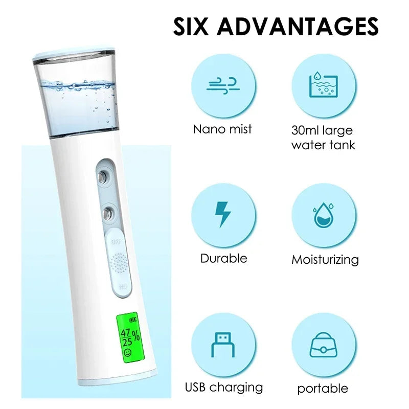 KEMOKO Handheld Nano Facial Sprayer – LED Display Cold Mist Moisturising Beauty Tool