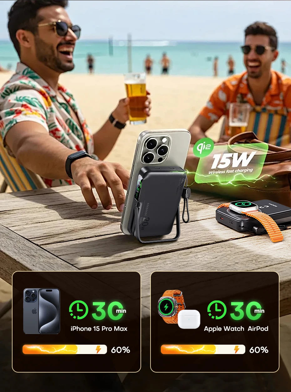 10000mAh Wireless Power Bank – 3-in-1 Magnetic Charger with TFT Display & Stand