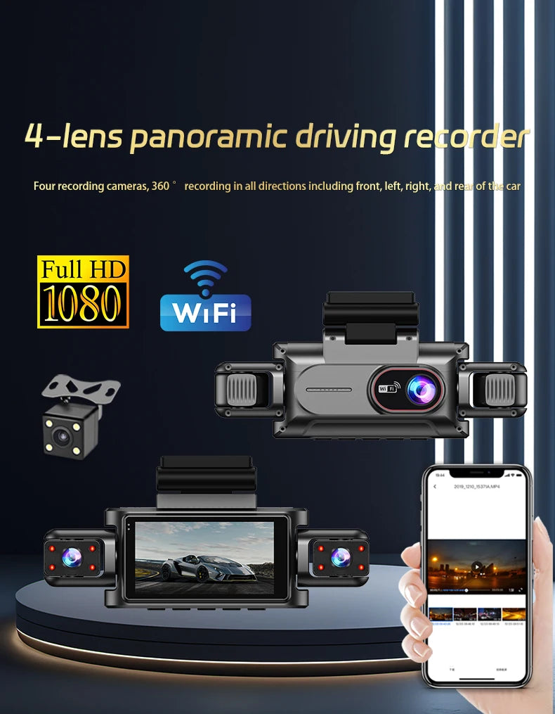 360° 4-Lens Dash Cam 1080P – WiFi Car DVR with Night Vision & Loop Recording