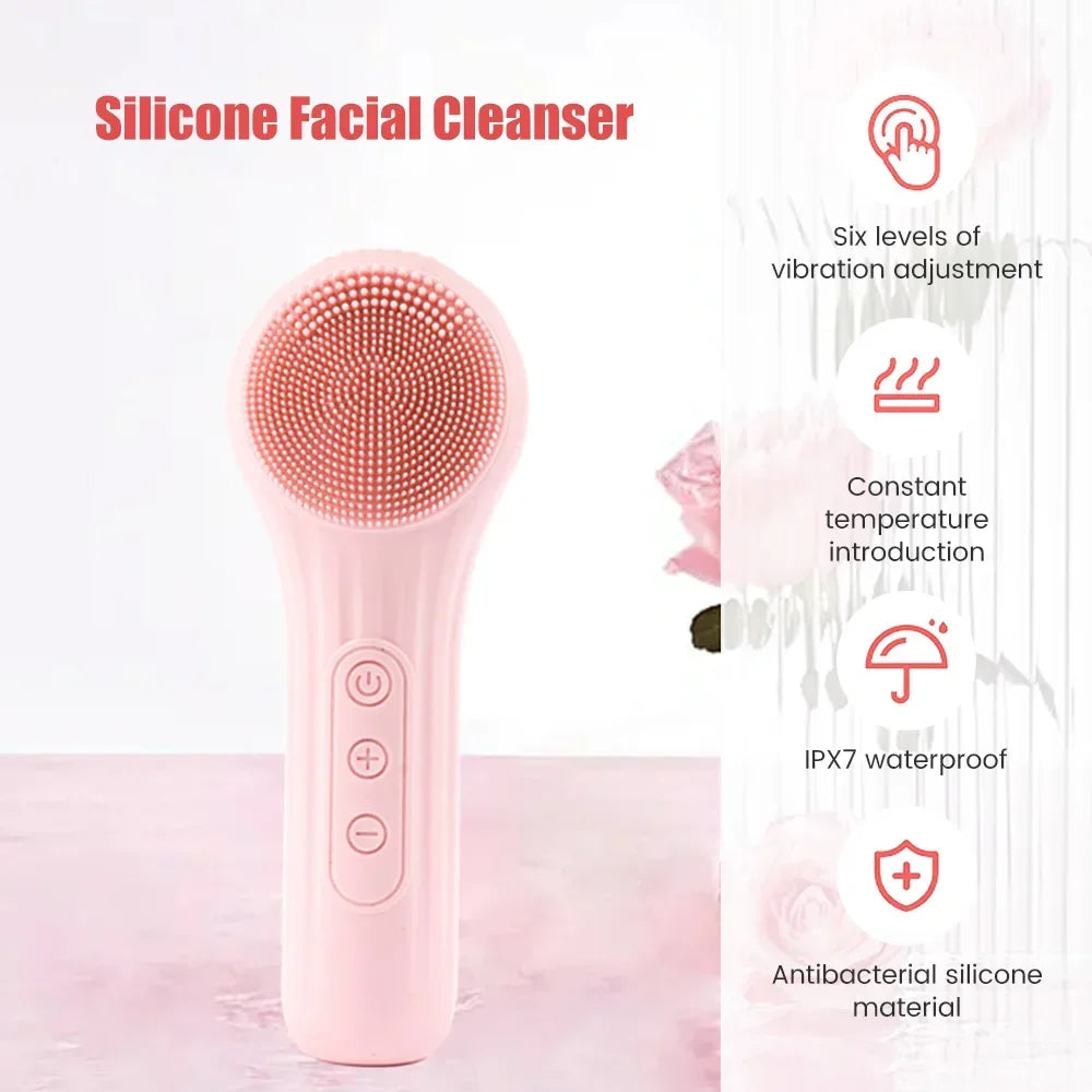 Rechargeable Sonic Silicone Facial Cleansing Brush – Heating Massage & Deep Clean Skincare Tool