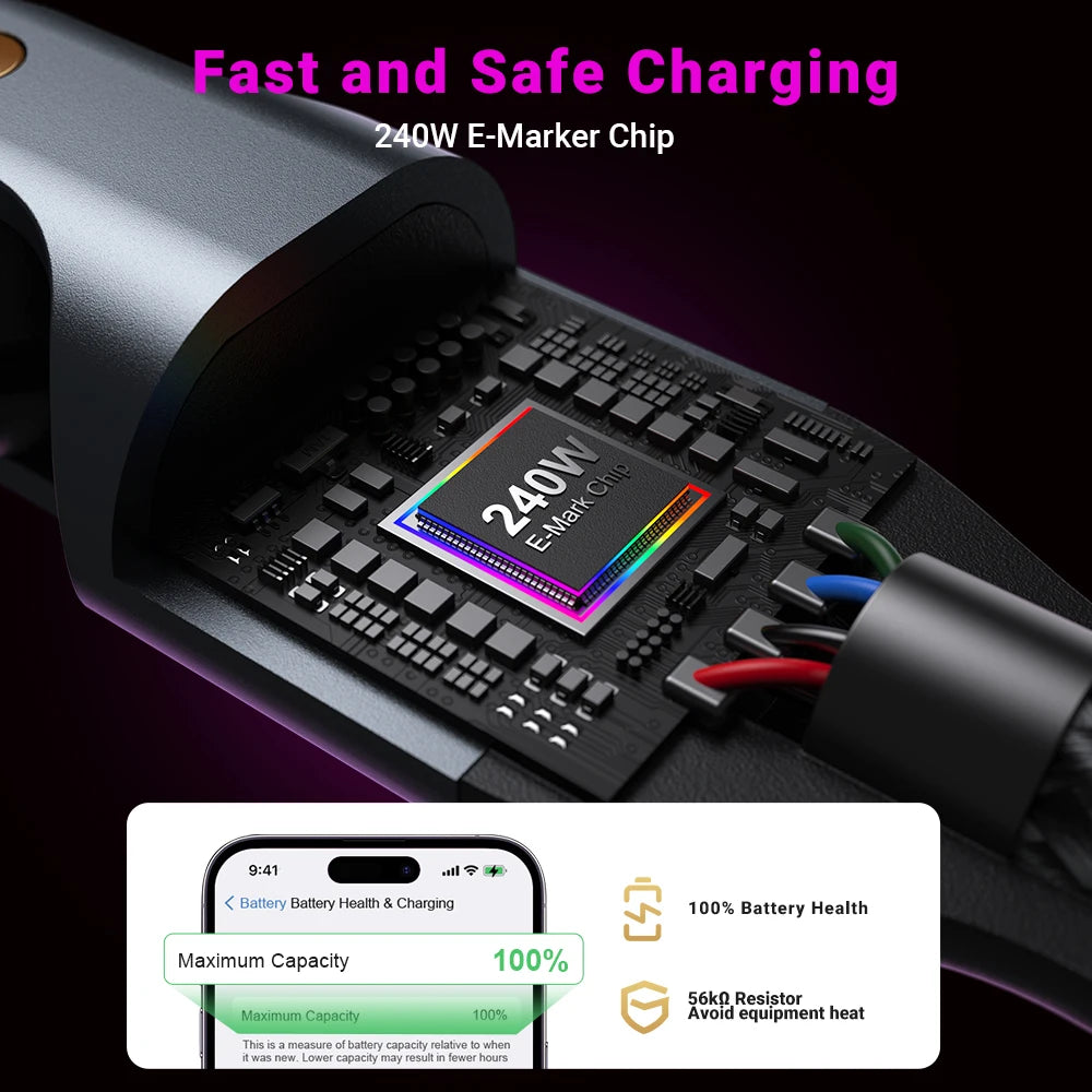 240W PD Magnetic Charging Cable – 48V 5A USB-C for Laptops, Phones & Tablets