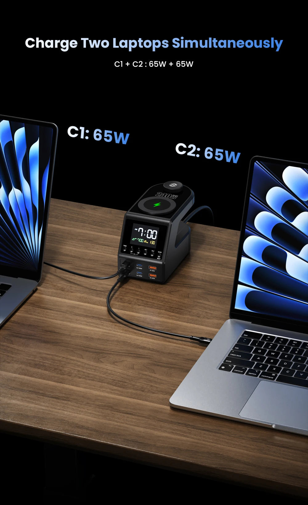 240W Smart GaN Charger Station – 6 USB Ports + Wireless & Alarm Clock