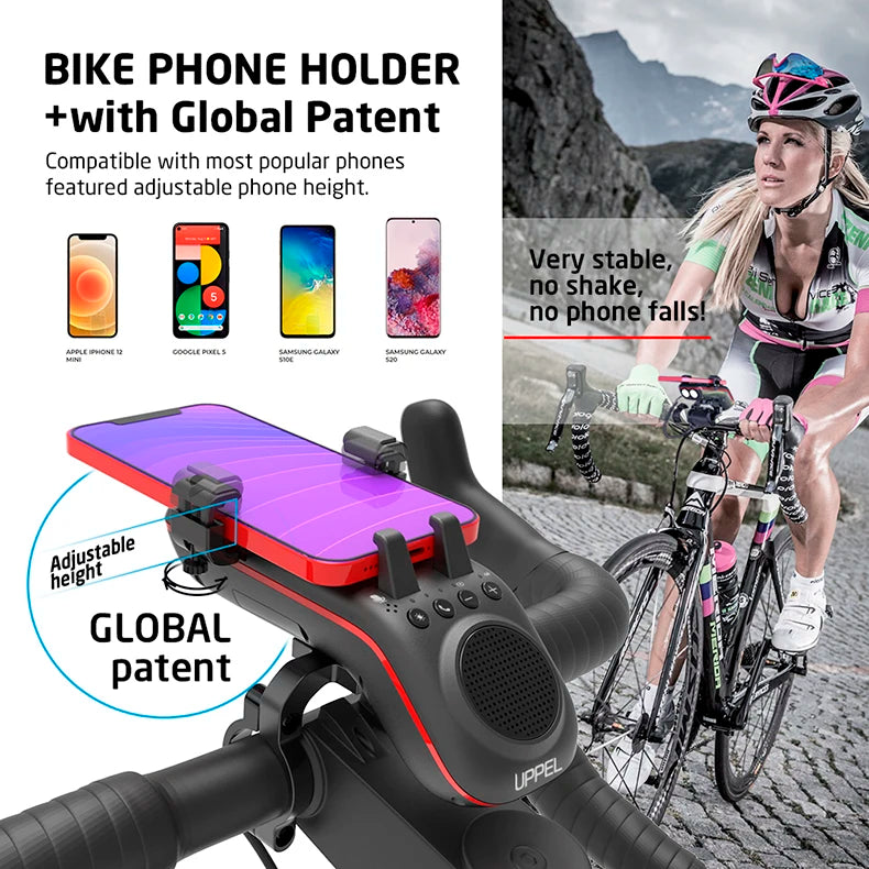 UPPEL M208 4-in-1 Bike Phone Mount with Bluetooth Speaker, LED Headlight & Horn – 5000mAh Rechargeable Handlebar Holder