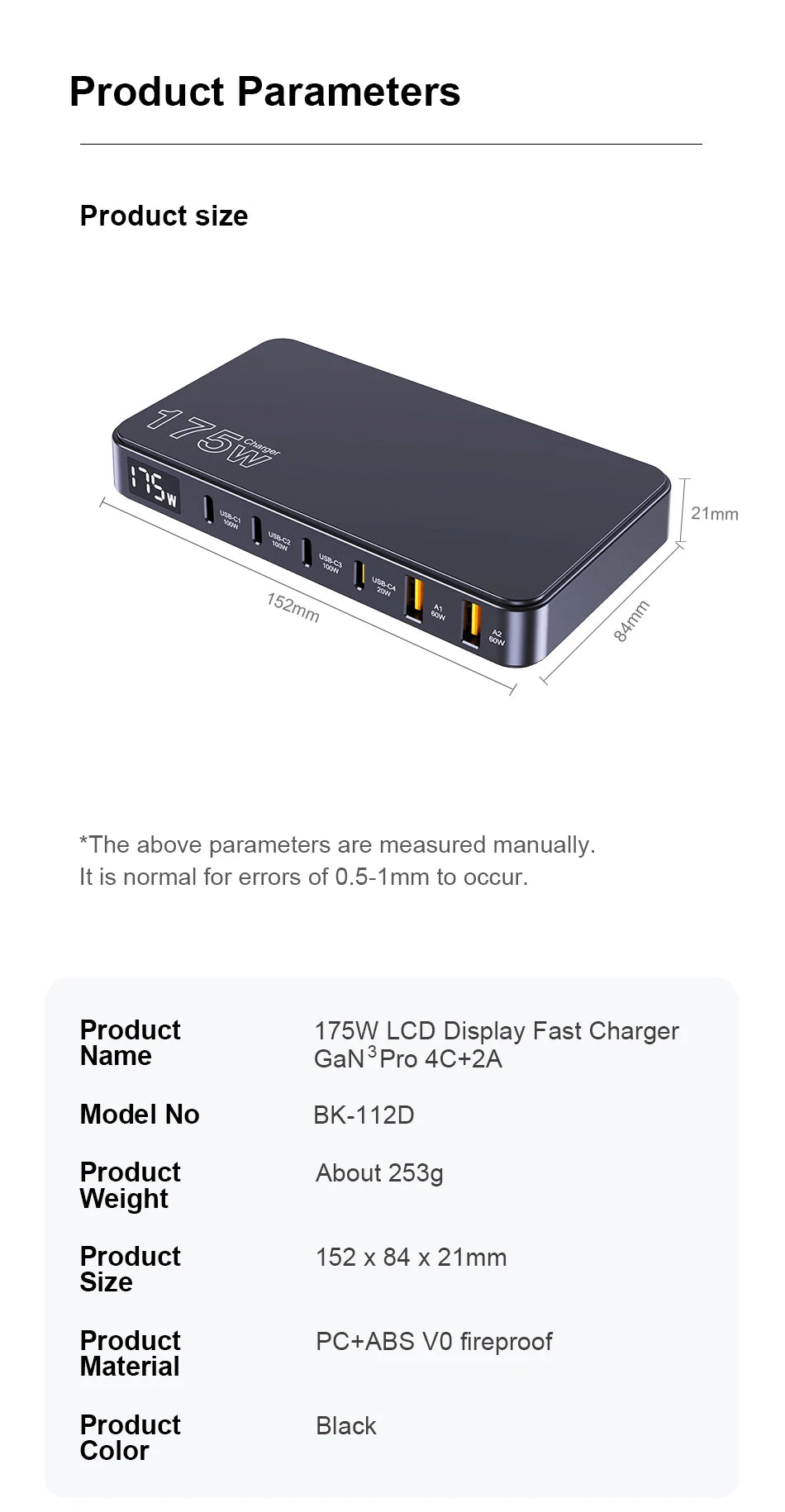 175W USB-C GaN Desktop Charger – LED Display, PD 100W, QC 60W Multi-Device