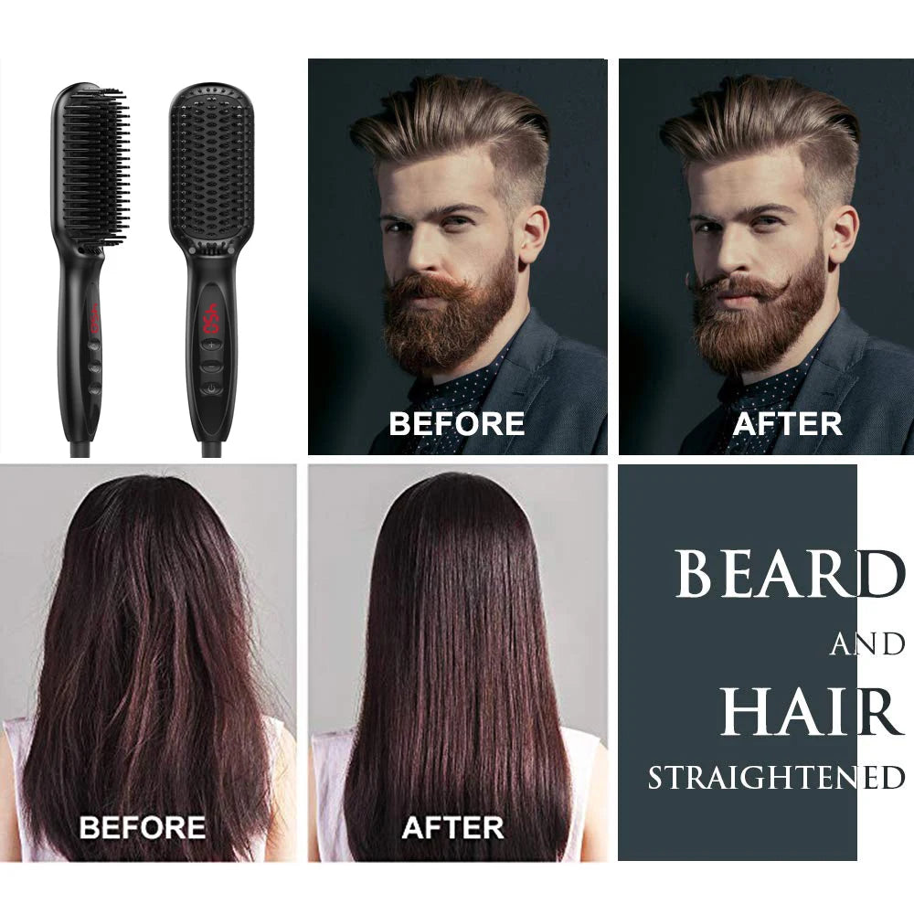 Electric Beard & Hair Straightener Brush – Anti-Scald Ceramic Heated Styling Comb