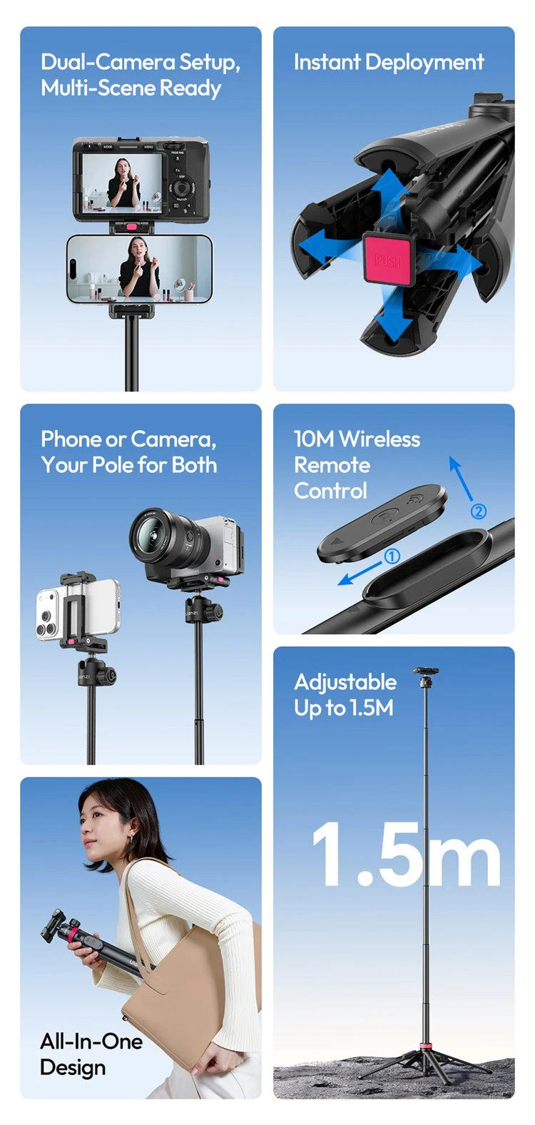 MT-44 B Auto-Deploy Tripod Pole – 1.5m with Bluetooth Remote