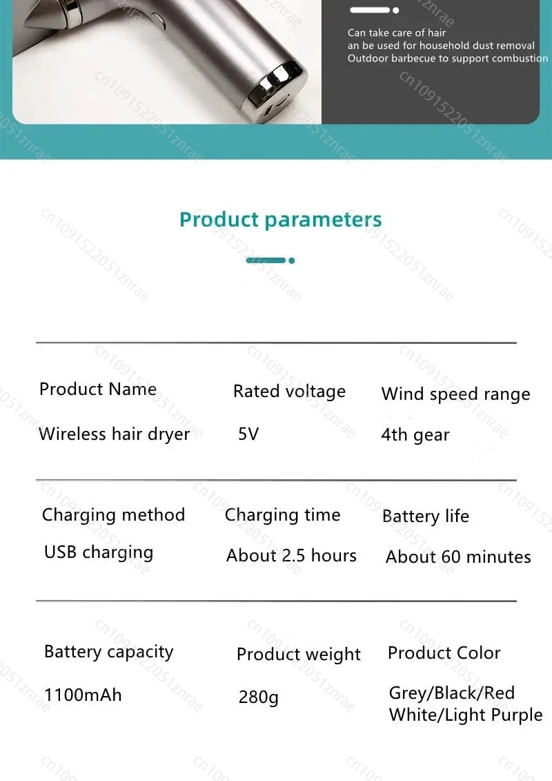 CHUBAN 4-in-1 Wireless Hair Dryer – USB Rechargeable Ionic Travel Blower