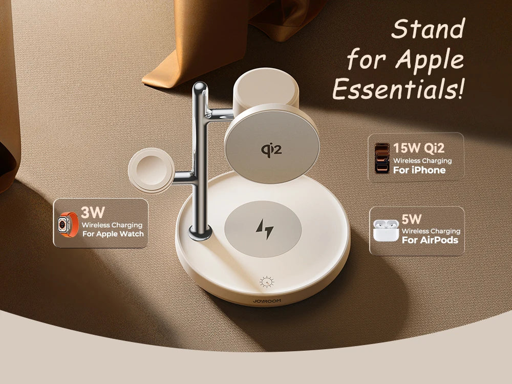 JOYROOM Qi2 4-in-1 Wireless Charging Station – 15W Fast MagSafe Charger with Night Lamp