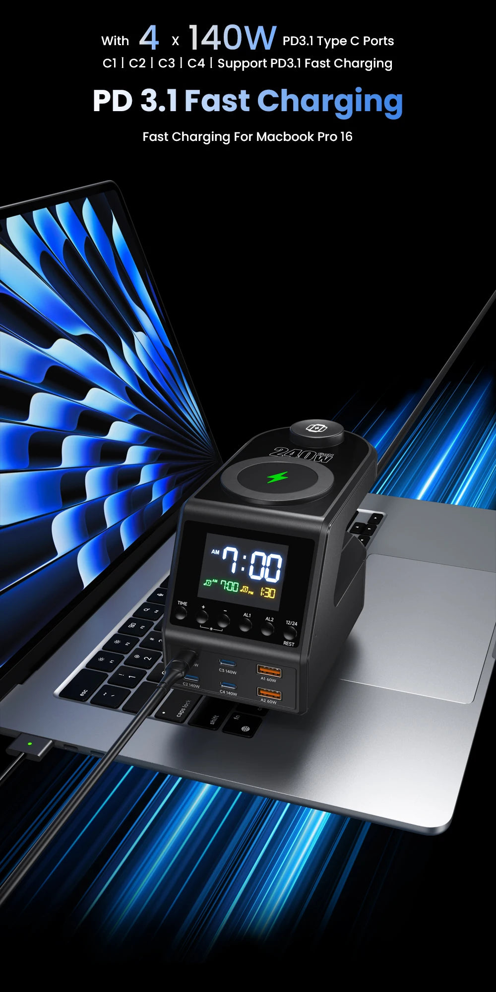 240W Smart GaN Charger Station – 6 USB Ports + Wireless & Alarm Clock