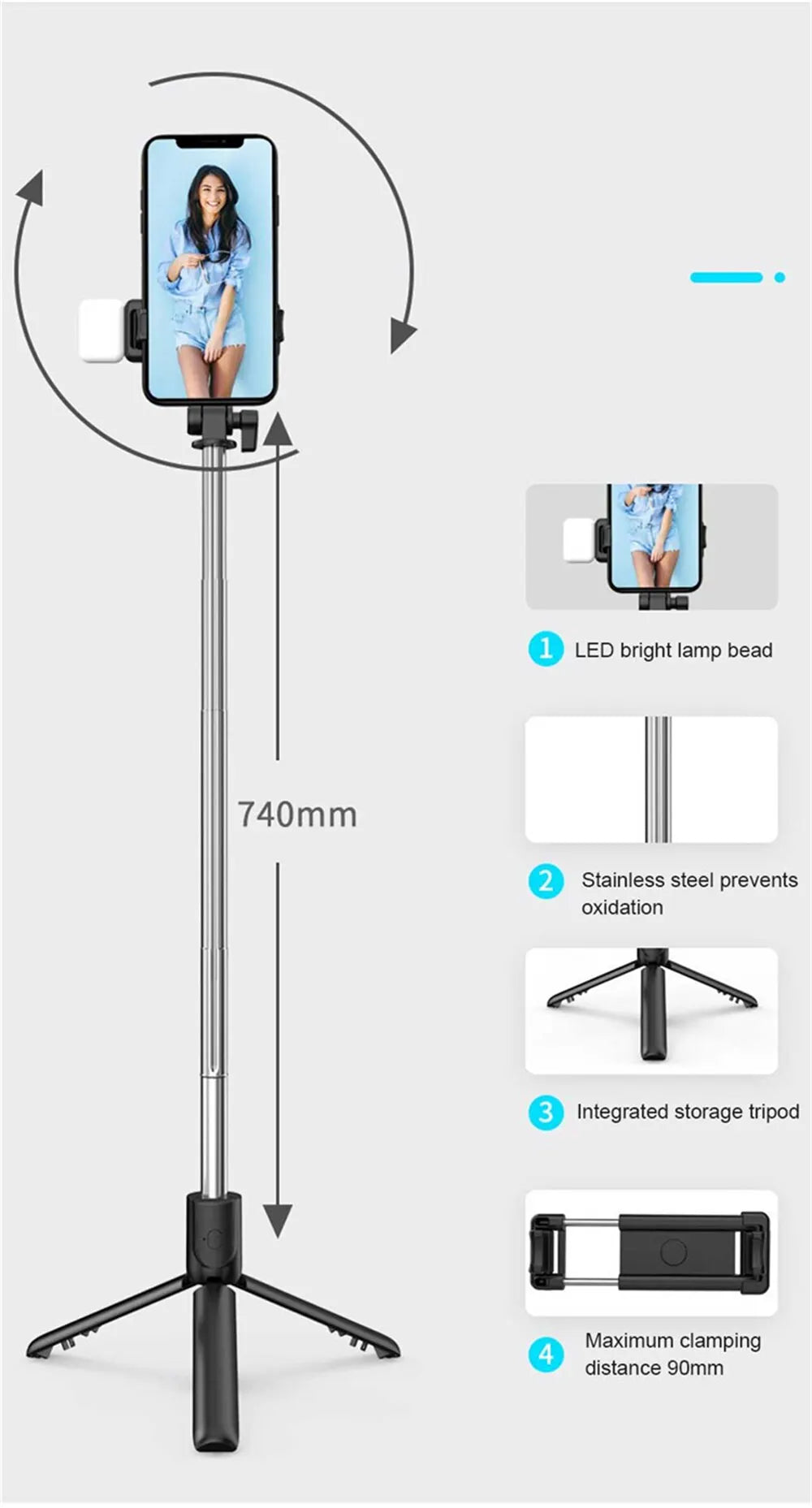 Compact Selfie Stick Tripod – Stainless Steel, Fill Light & Bluetooth Control