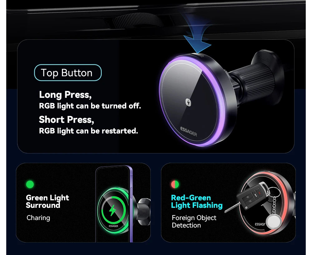 ESSAGER 15W Magnetic Wireless Car Charger with RGB Light – iPhone & Android