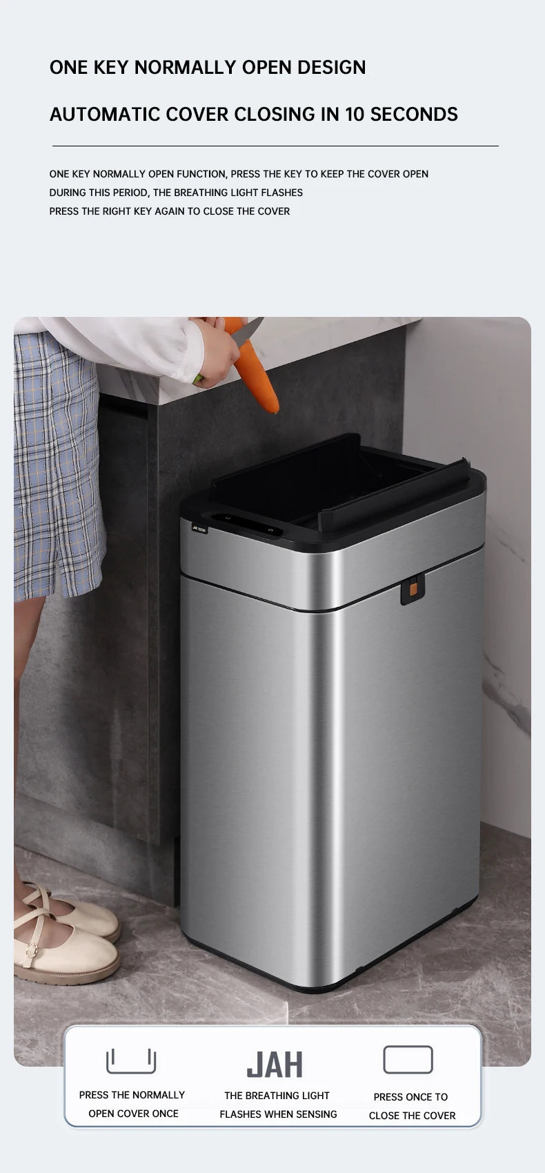 mart Stainless Steel Trash Can 20–60L – Touchless Sensor Kitchen Bin with Wheels