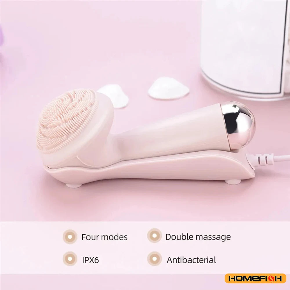 HOMEFISH Electric Facial Cleanser – Silicone Head, 4-Mode Vibration & Roller