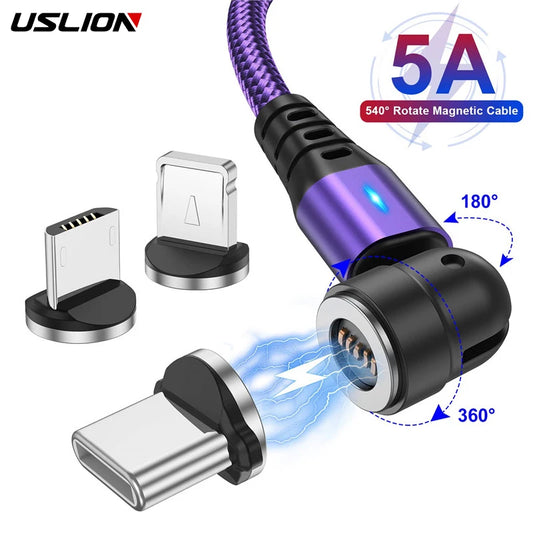 5A Magnetic Charging Cable 540° Rotation – USB-A to Type-C / Lightning / Micro USB