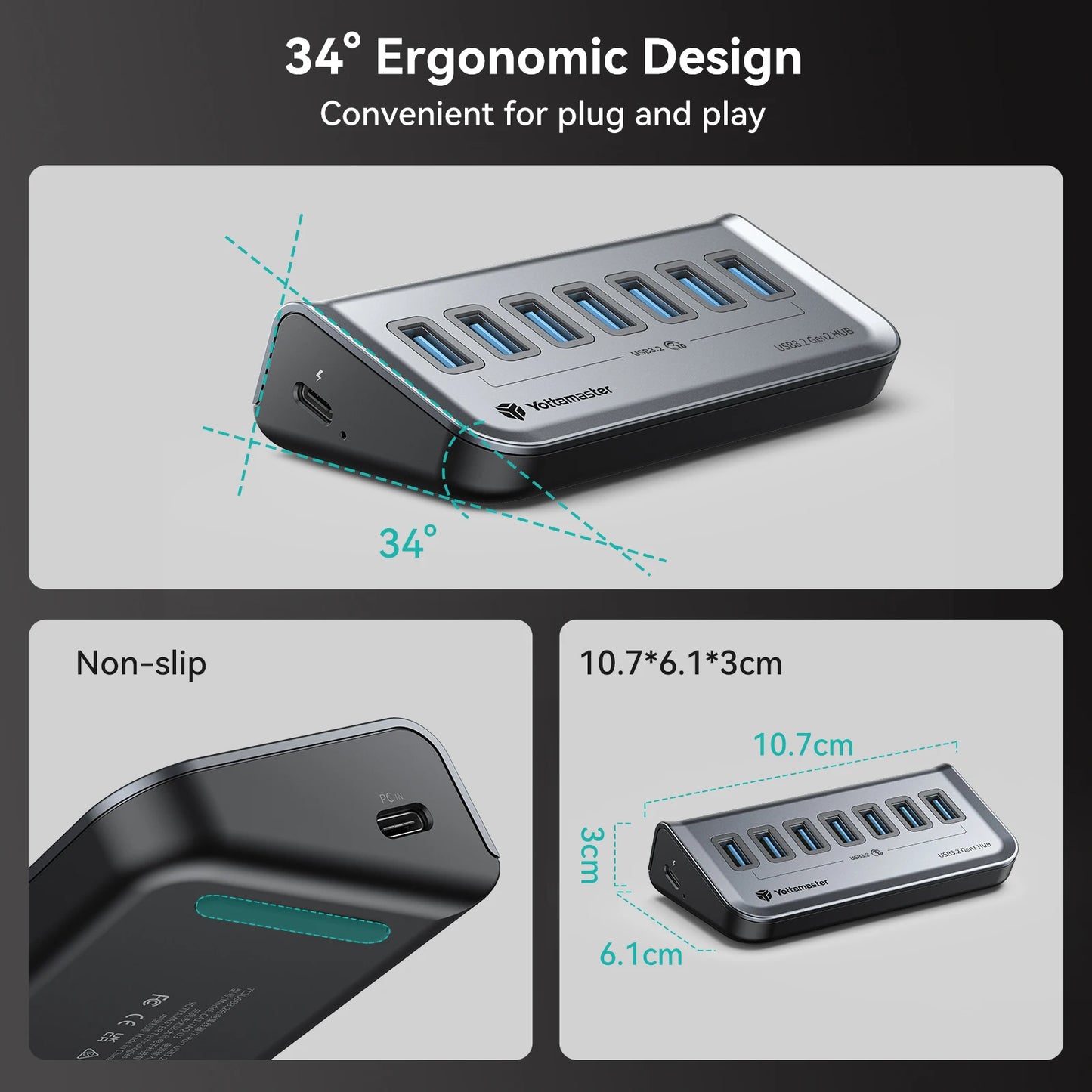GA1 USB-C Hub with Power Supply – 7 Ports, 10Gbps High-Speed Data Transfer