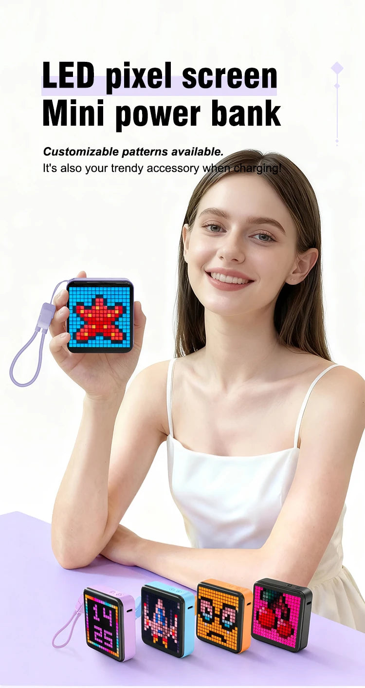 Pixel Display Power Bank 5000mAh – RGB Bluetooth Screen USB-C Fast Charger with LED Light