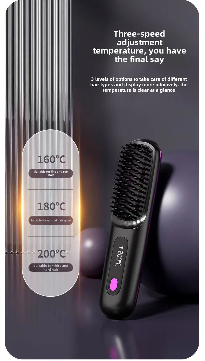 Cordless LCD Hair Straightener Comb – USB Rechargeable, Portable Anti-Scald Styling Brush