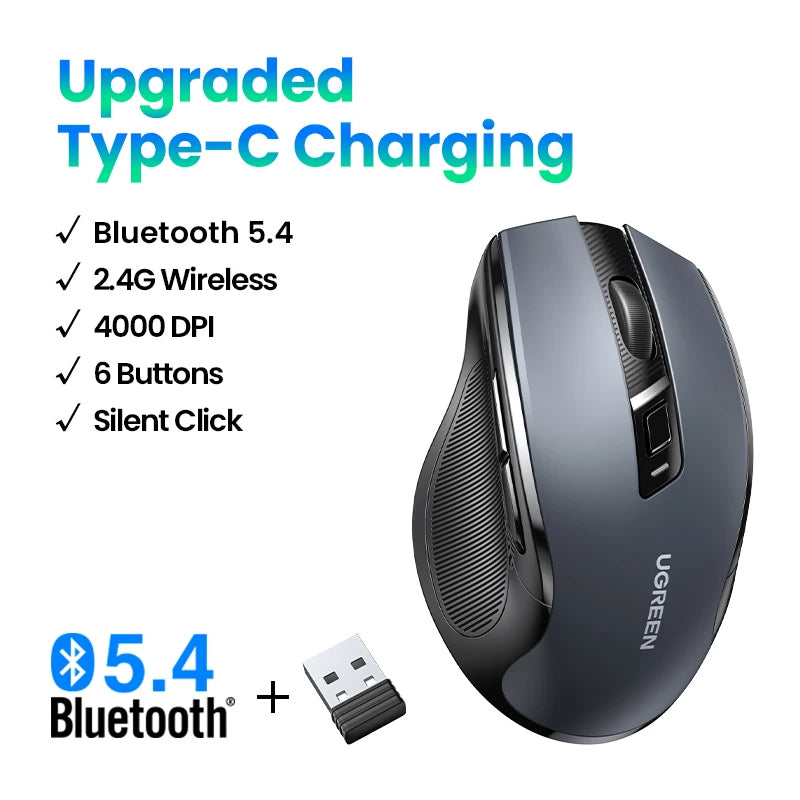 UGREEN MU006 Wireless Mouse – Bluetooth 5.0 & 2.4G, 4000 DPI, Silent Ergonomi