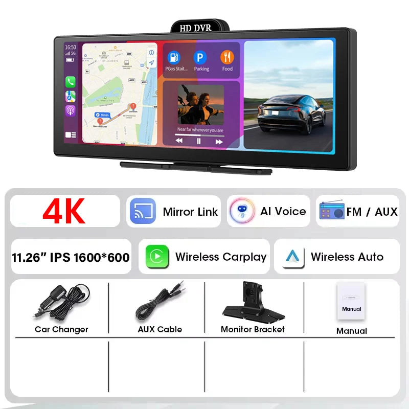 Srnubi 11.26" Portable 4K Car Dash Camera Dual Lens with IPS Touchscreen, Parking Monitor & ADAS