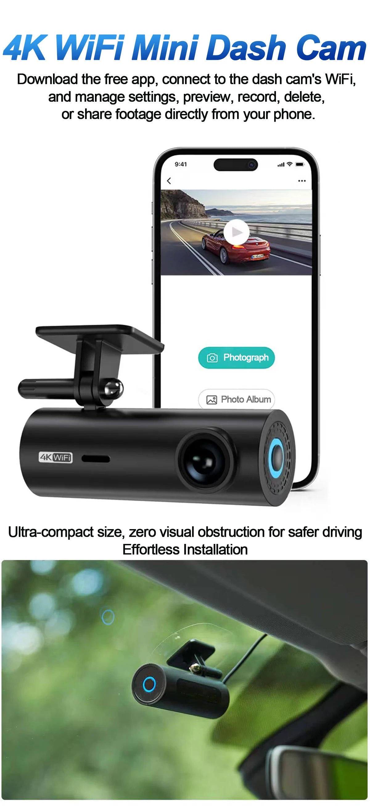 etymoofox 4K Mini Dash Cam – Ultra HD WiFi Car DVR with Night Vision & Parking Monitor