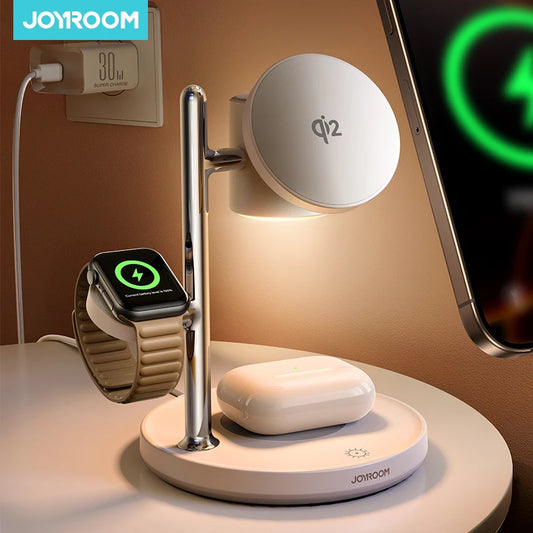 JOYROOM Qi2 4-in-1 Wireless Charging Station – 15W Fast MagSafe Charger with Night Lamp