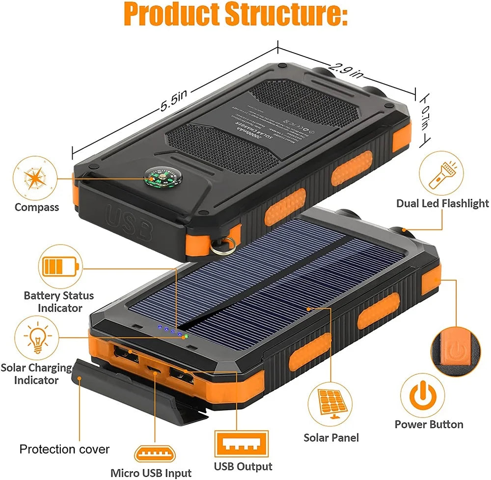 Solar Power Bank with LED Torch & Compass – Outdoor Emergency Charger (20W)