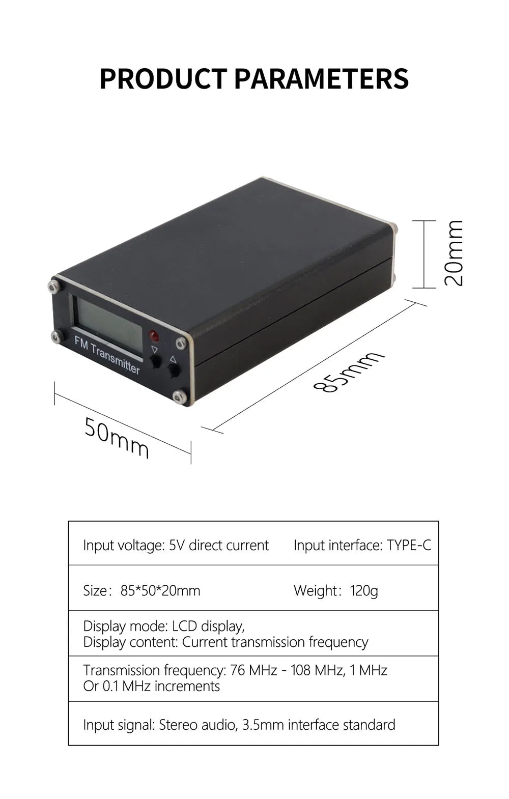 Portable 0.5W Long-Range FM Transmitter – USB-C Powered Mini Broadcast Radio (Up to 2 km, 76–108 MHz)