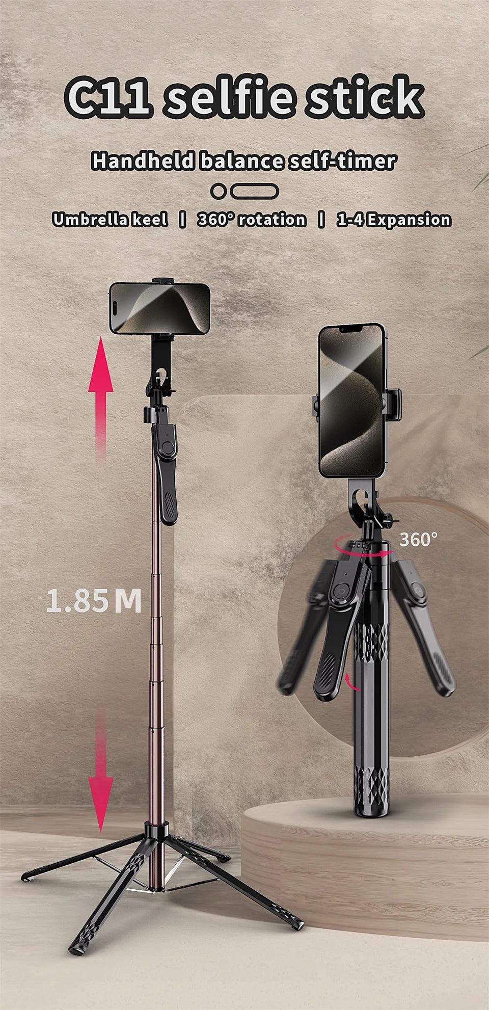1.85m Bluetooth Selfie Stick with Tripod & Wireless Remote