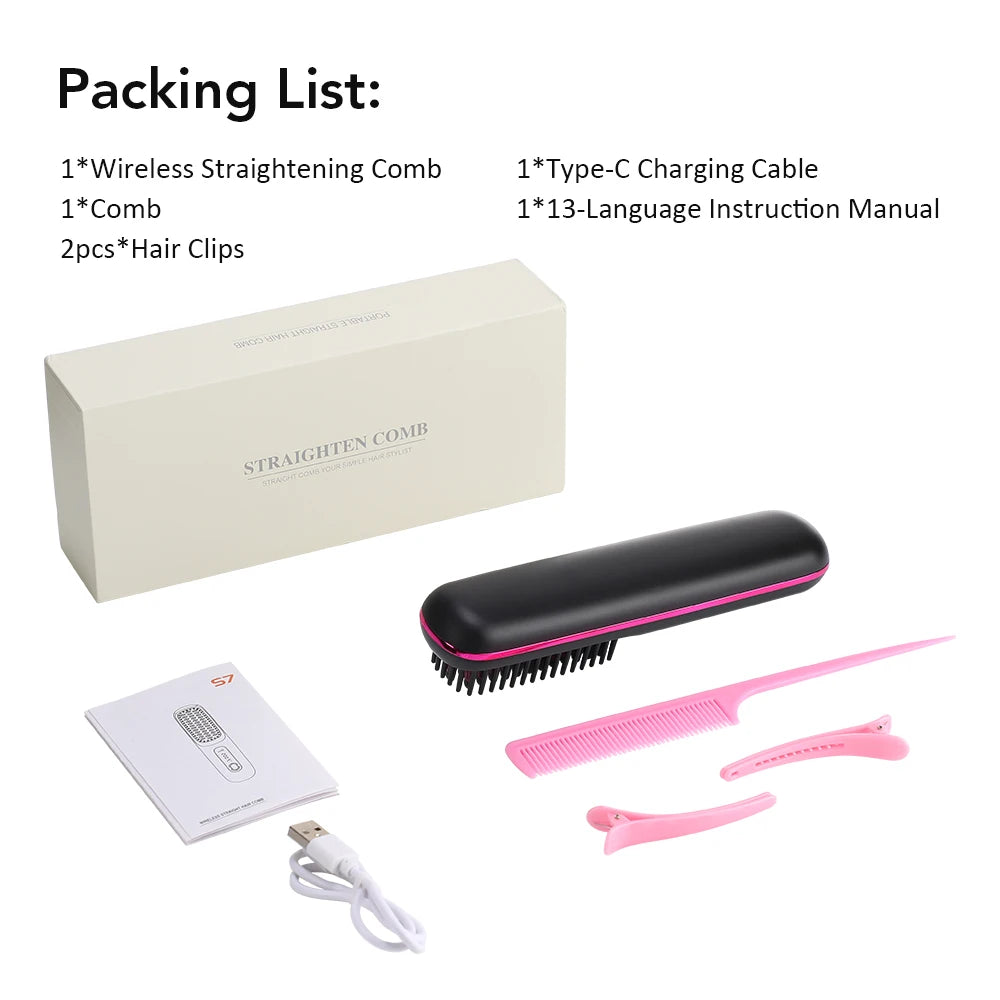 Cordless Hair Straightener Brush – Wireless Ceramic Heated Comb with Ions