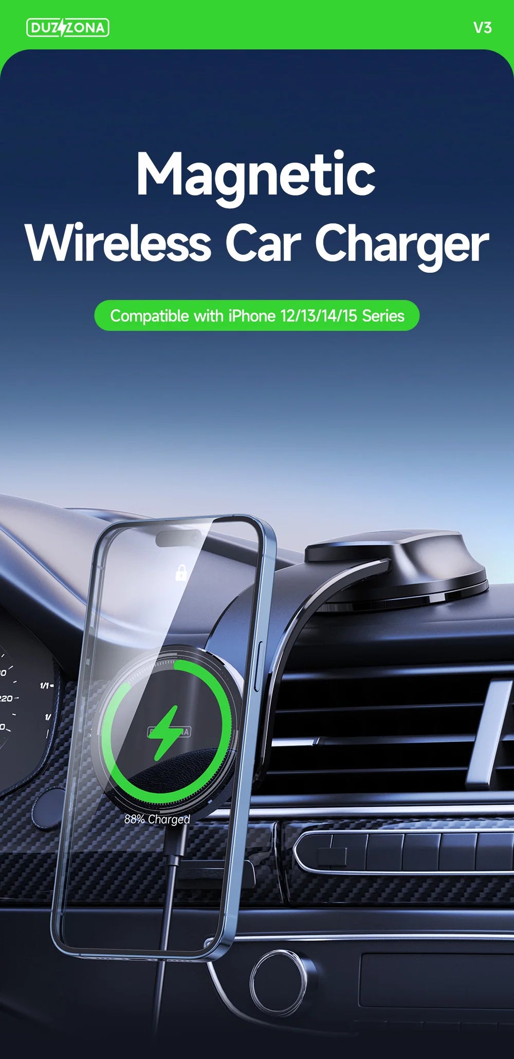 15W Magnetic Car Charger with Type-C Cable for iPhone