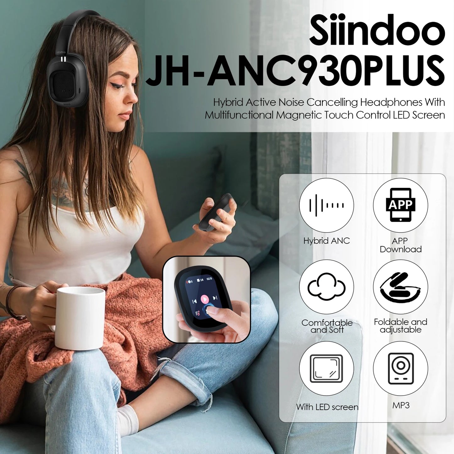 JH-ANC930PLUS Hybrid ANC Bluetooth Headphones – Touch Screen, 70H Playtime