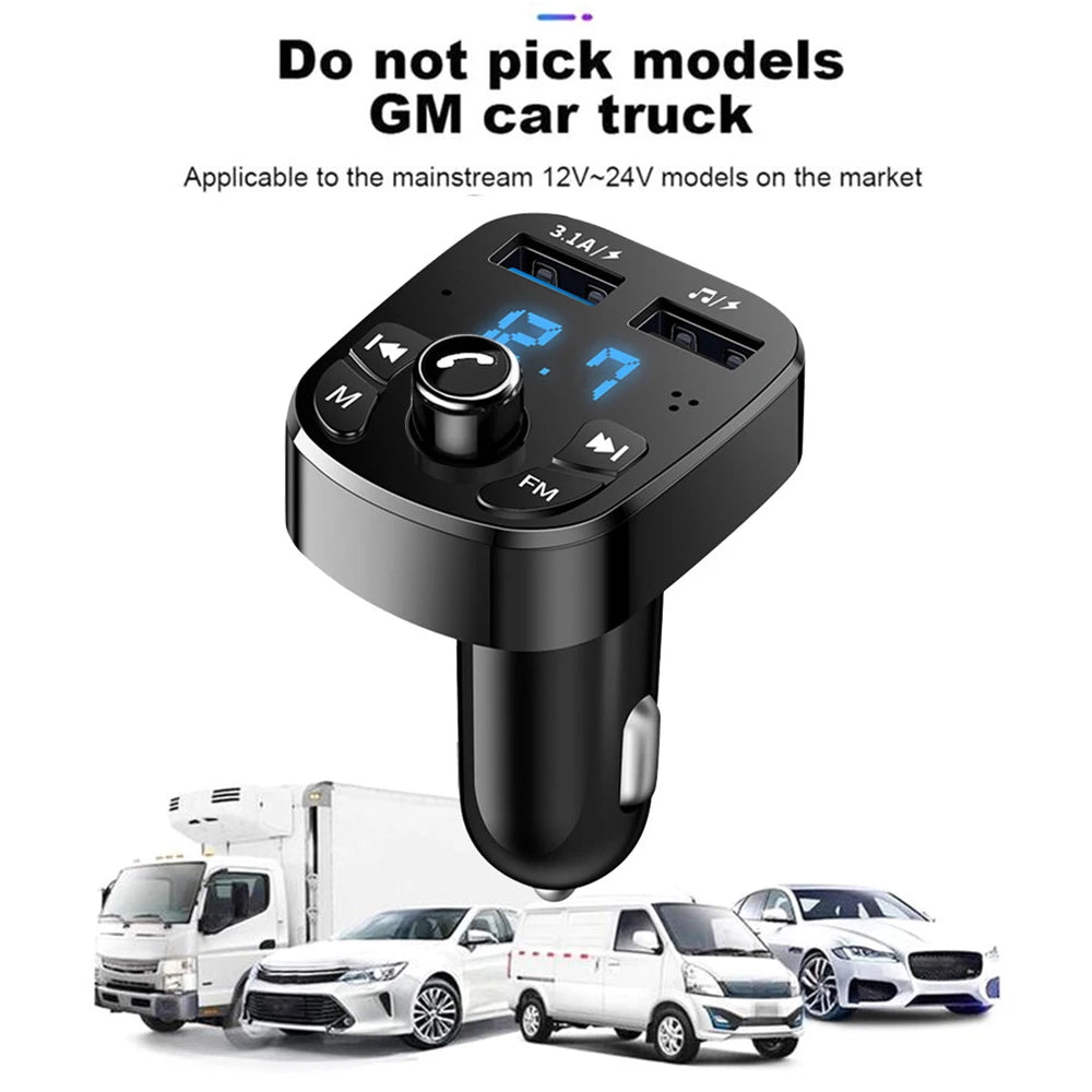 S5 Bluetooth FM Transmitter with Dual USB Charging – Hands-Free Car Kit (12–24V, LED Display)