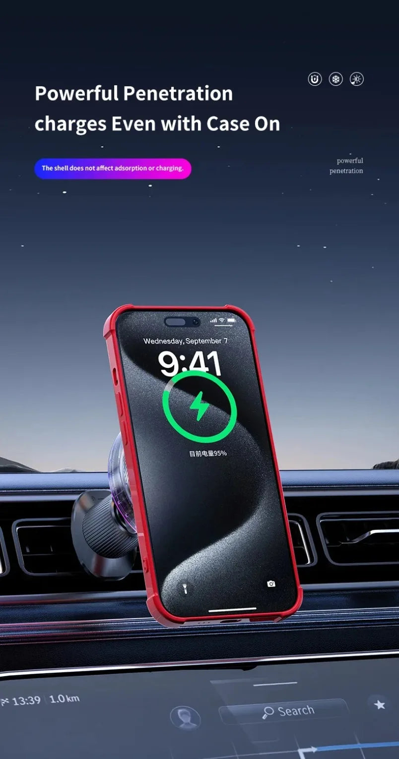 VIKEFON MagSafe-Style Car Charger – 15W Fast Wireless Charging with Cooling Fan