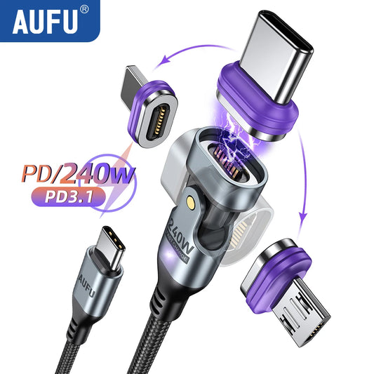 Magnetic USB-C Cable 240W PD – 3-in-1 Type-C / Lightning / Micro, 5A Fast Charge
