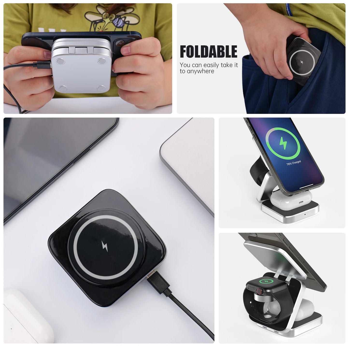 Portable 3-in-1 Magnetic Wireless Charging Station for iPhone & Samsung