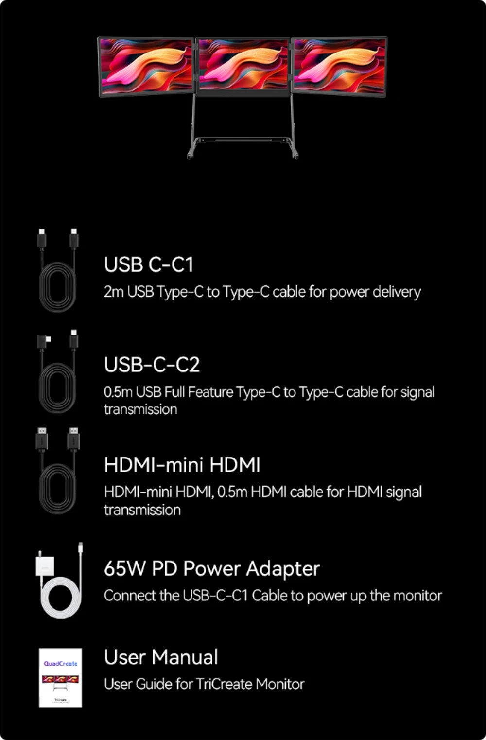 Rospider TriCreate Triple Screen Display Solution | IPS Full HD | Single-Cable Multi-Monitor Support