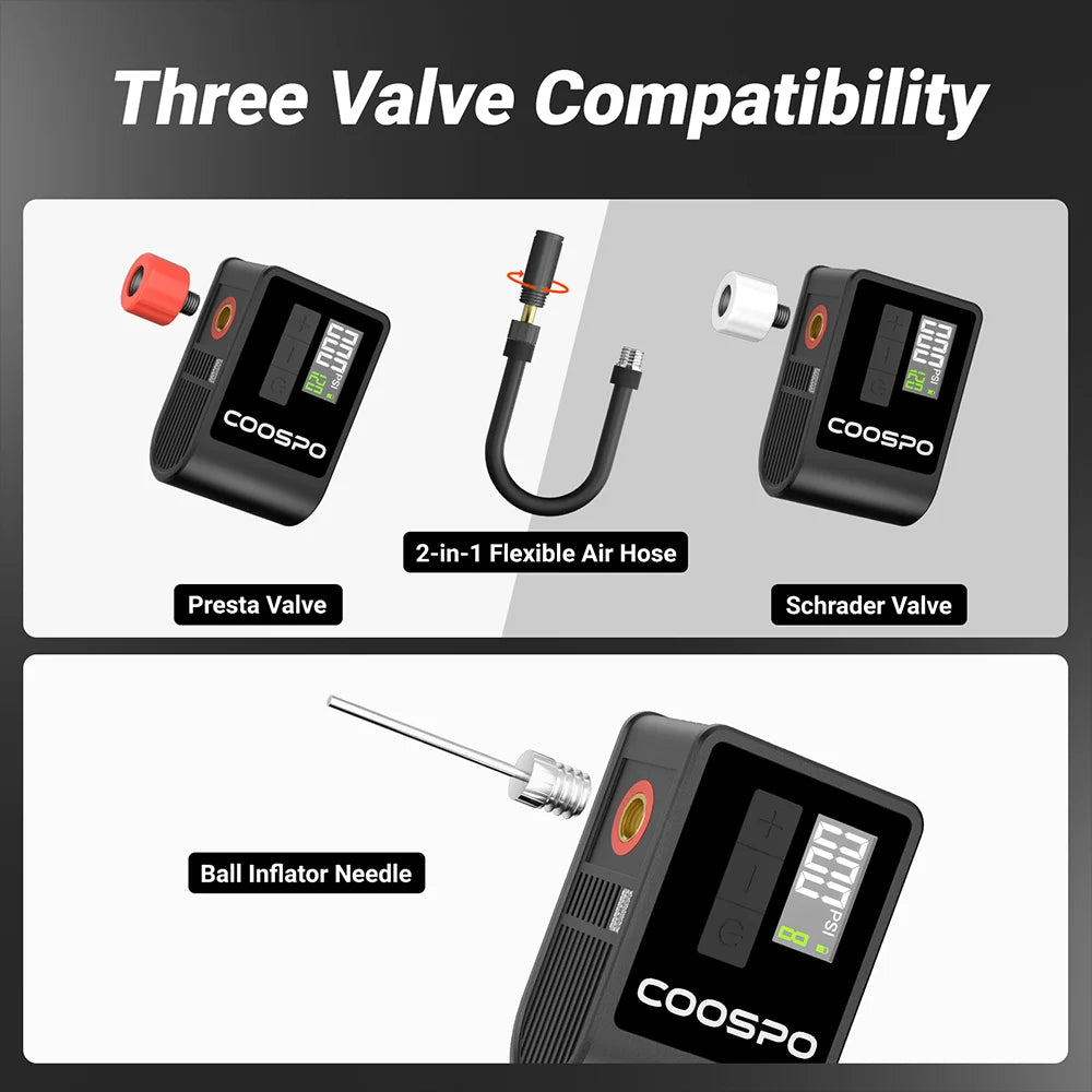 COOSPO Smart Electric Bicycle Tire Pump with Digital Pressure Display Rechargeable Portable Inflator