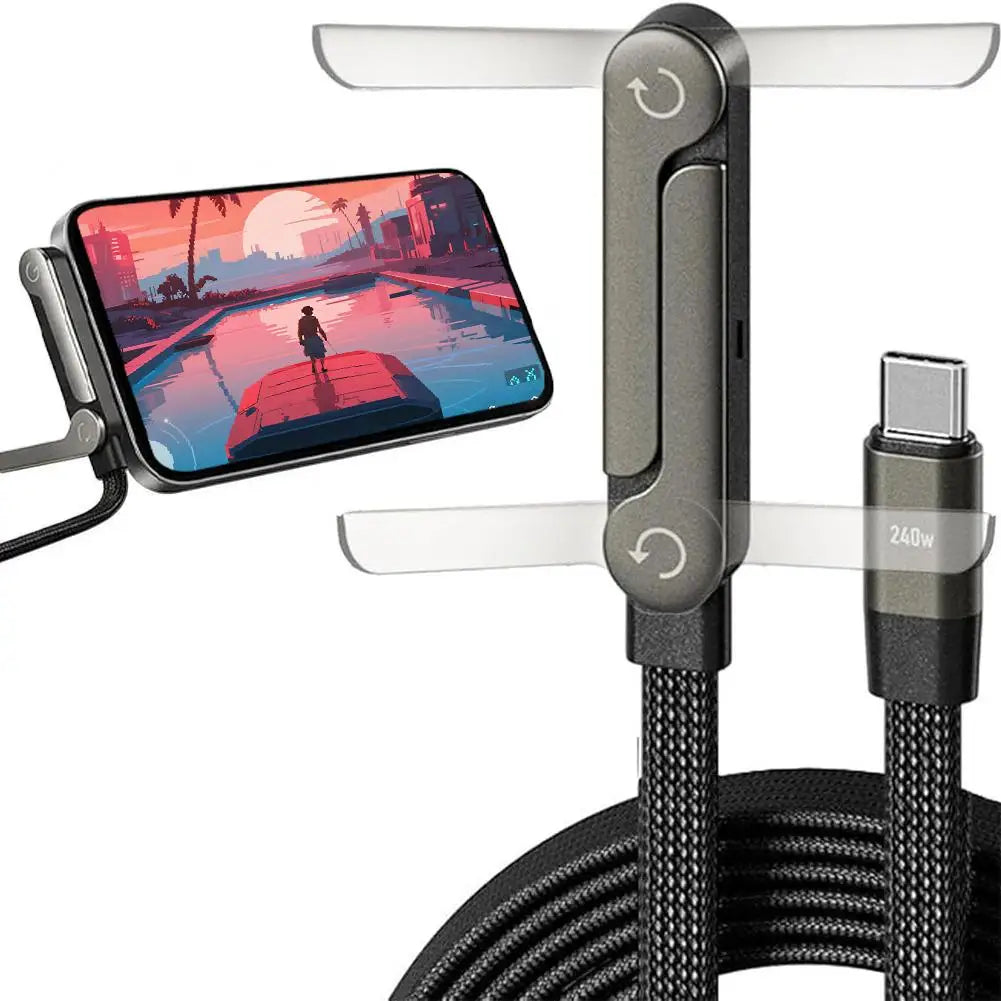 240W USB-C Fast Charging Cable with Built-In Phone Stand – 90° Angled Type-C