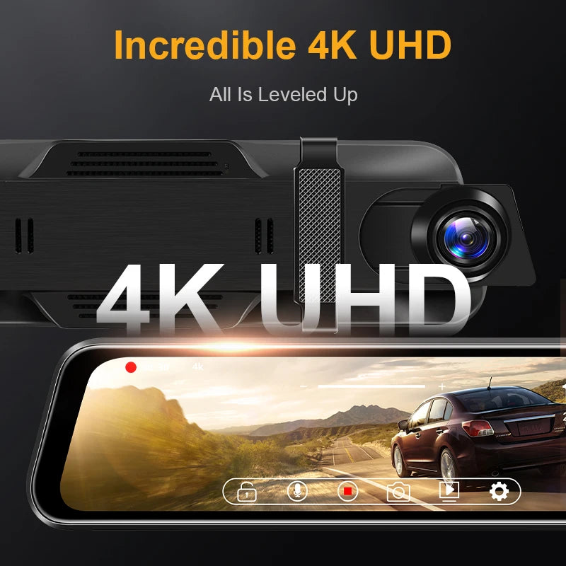10″ 4K Rearview Mirror Dash Cam with WiFi & GPS – Front 4K + Rear 1080P Streaming DVR
