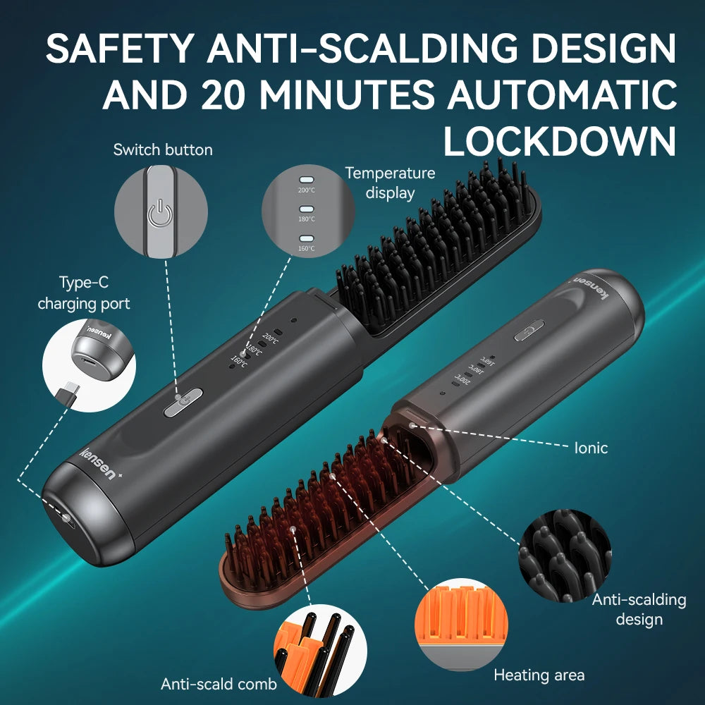 Kensen Cordless Hair Straightener Brush – Negative Ion USB Travel Styling Comb