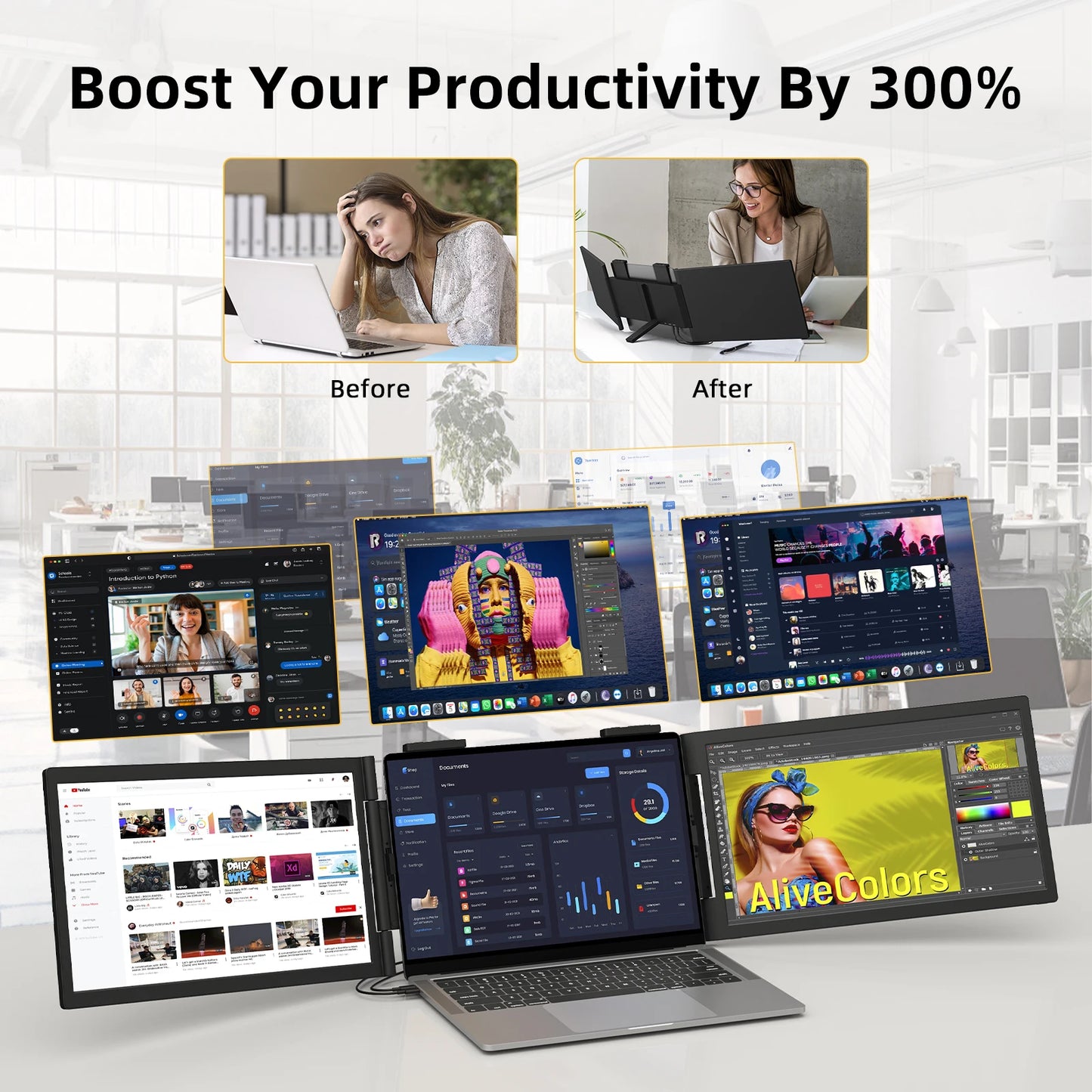 Amoudo 14″ Triple Screen Laptop Extender IPS Monitor | FHD 1920×1080 | USB-C Plug & Play | Portable Dual Screen