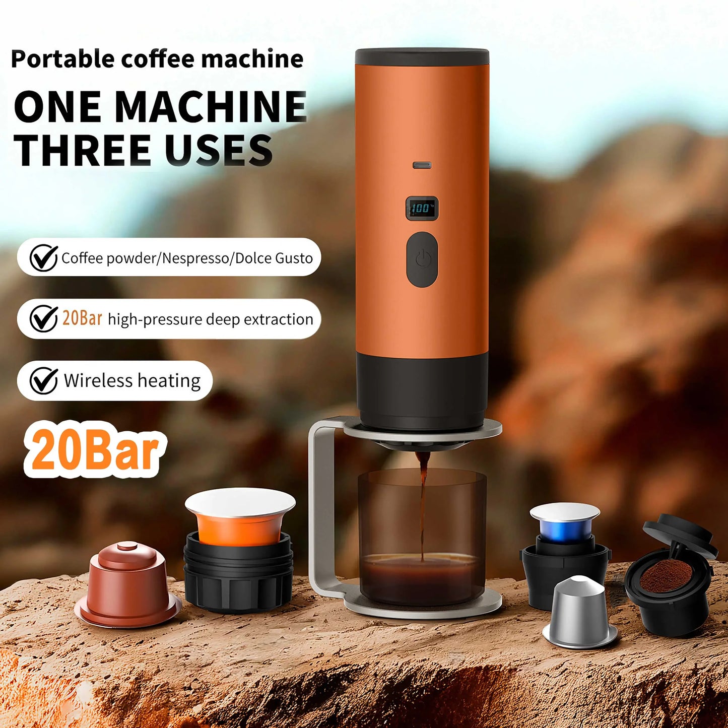 TINSOL Rechargeable Coffee Maker – Wireless Heating, 90ml Water Tank, Camping & Travel Use