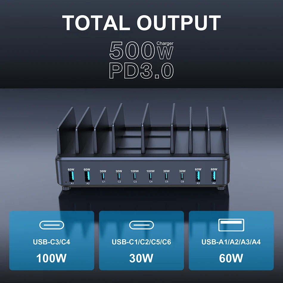 500W GaN Desktop Charging Station – 7 USB-C + 4 USB-A PD Fast Charger for Phones & Laptops